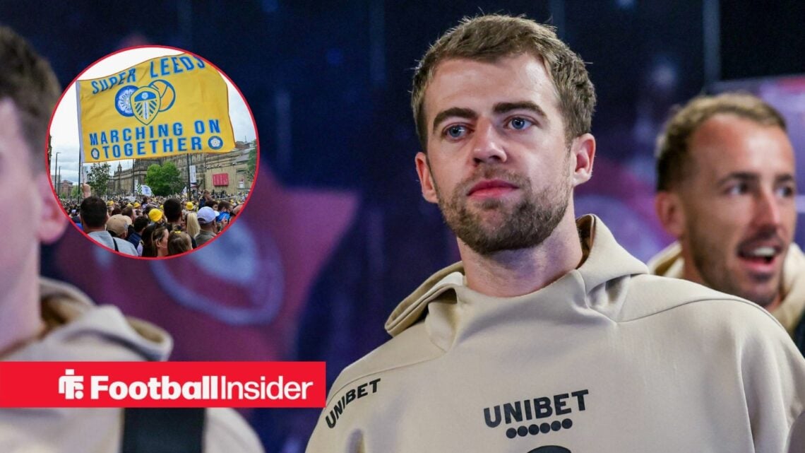 Patrick Bamford arrives for a game, as Leeds United fans wave a giant flag in a circular inset.