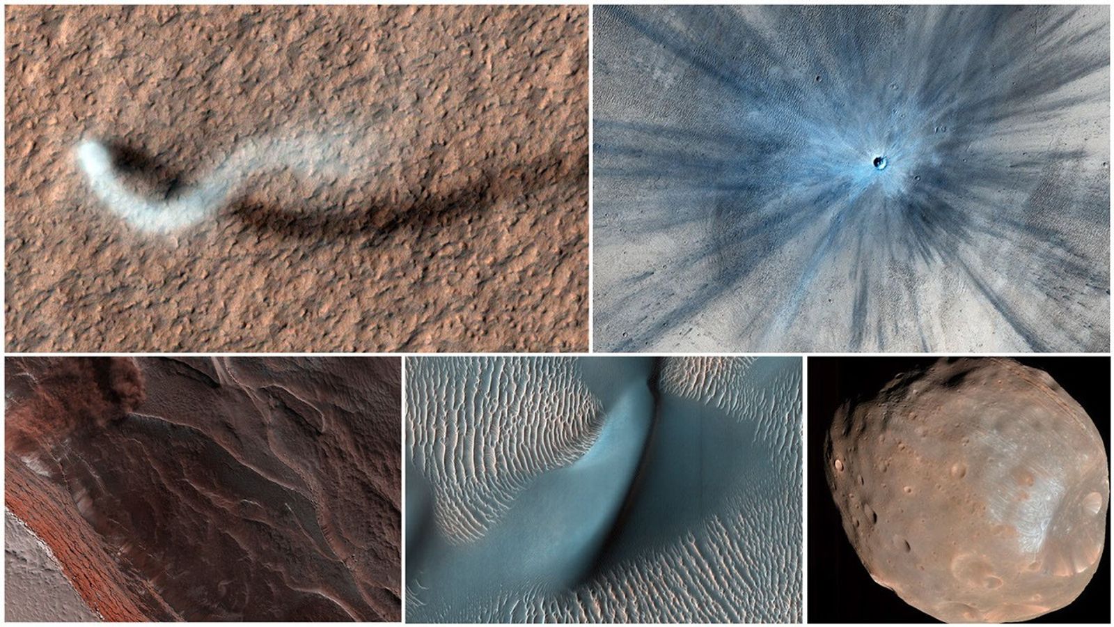 A collage of five images taken by the HiRISE camera aboard NASA's Mars Reconnaissance Orbiter.