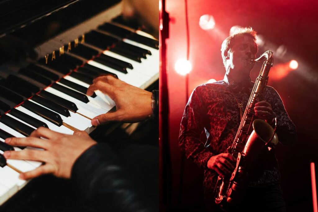A photo collage of a pianist and saxophonist performing at a live jazz concert