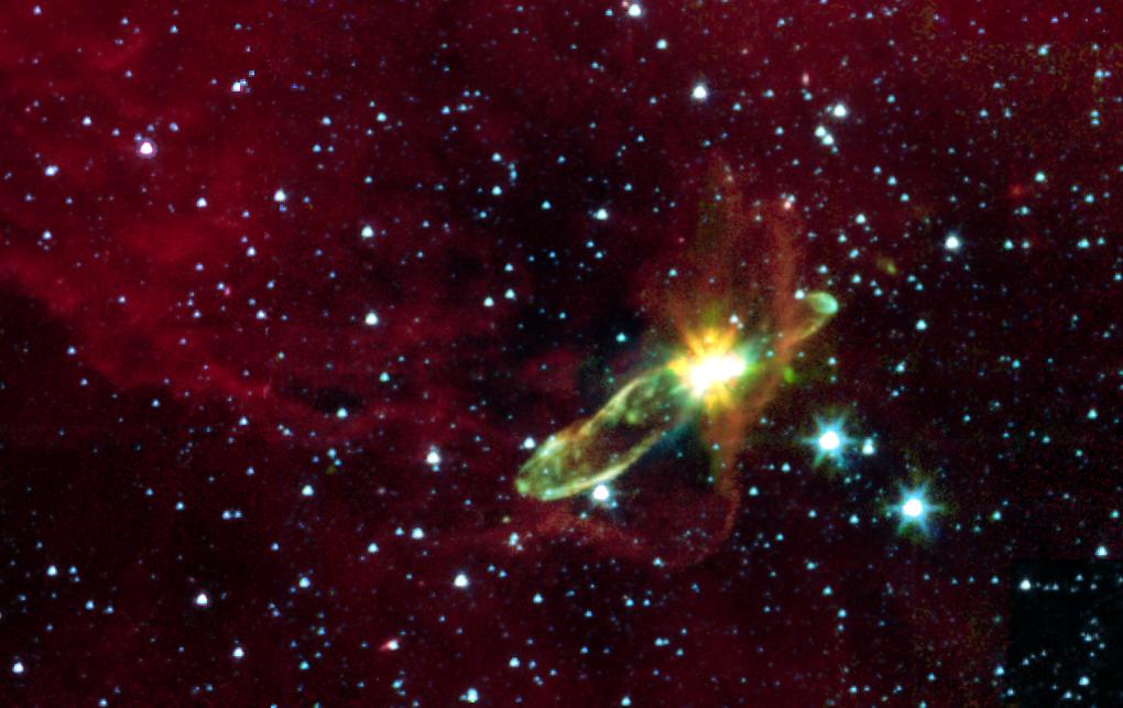 The pInfrared images from instruments at Kitt Peak National Observatory (left) and NASA's Spitzer Space Telescope document the outburst of HOPS 383, a young protostar in the Orion star-formation complex. rotostar in Herbig-Haro 46/47.