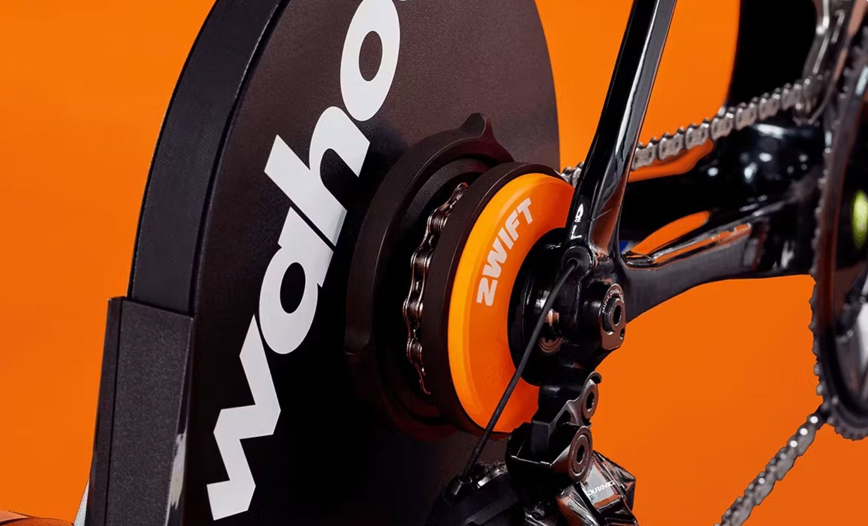 Close up details of the Wahoo Kickr Core 2 with Zwift Cog