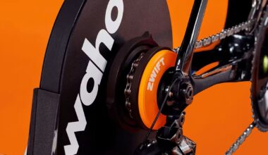 Close up details of the Wahoo Kickr Core 2 with Zwift Cog