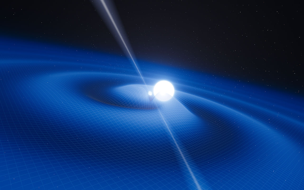 Visualization of gravitational waves emitted by orbiting neutron stars, with blue waves reflecting Einstein's equations as they emanate from a central bright white star, set against a backdrop of stars in space.