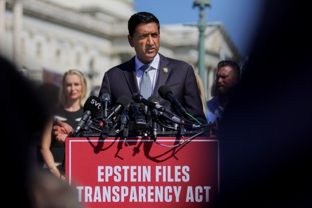 U.S. Representative Ro Khanna (D-CA) speaks at a press conference alongside alleged victims of Jeffrey Epstein at the U.S. Capitol in Washington, D.C. on September 3, 2025, announcing the Epstein Files Transparency Act, which calls for the release of all unclassified documents in the Jeffrey Epstein case. (Photo by Bryan Dozier / Middle East Images via AFP) (Photo by BRYAN DOZIER/Middle East Images/AFP via Getty Images)