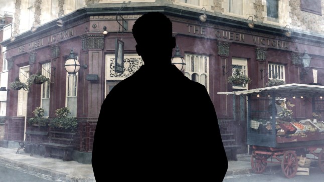 A silhouette image of Okie in front of a grim, EastEnders backdrop