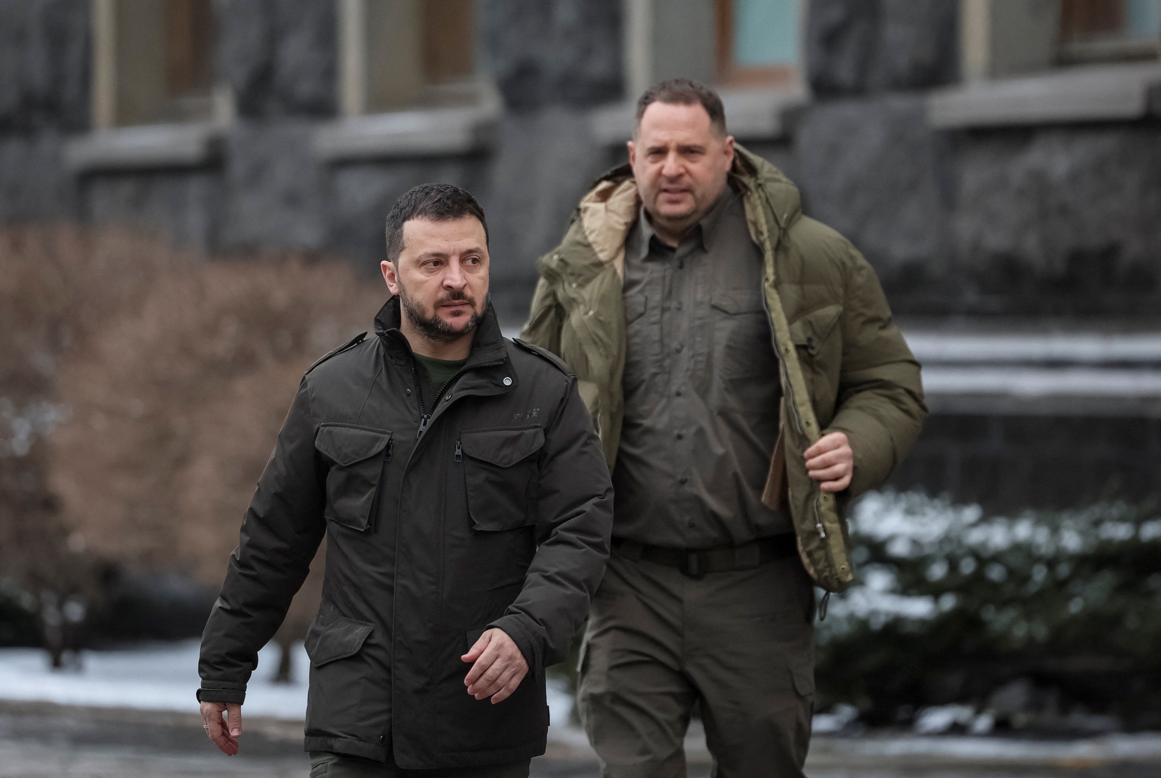 Andriy Yermak (right) said Ukraine’s Zelensky (left) would never give up land before he resigned on Friday amid an anti-corruption probe