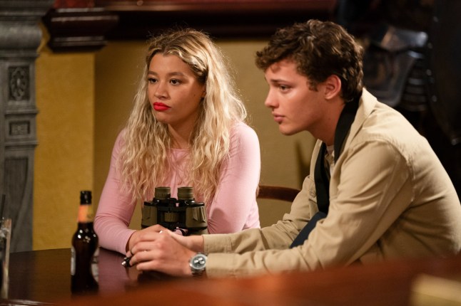 Anna Knight, played by Molly Rainford and Freddie Slater played by Bobby Brazier, sat in the Vic in EastEnders