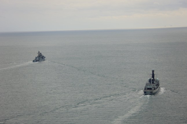 Handout photo dated 21/09/25 issued by the Ministry of Defence of the HMS Iron Duke shadowing the RFN Neustrashimy and cargo ship Sparta IV6. UK crews have shadowed a Russian warship and a freighter through UK seas, the Royal Navy has said, amid a warning that Moscow is sending a rising number of vessels through British waters. Issue date: Thursday September 25, 2025. PA Photo. Teams aboard HMS Iron Duke and a Wildcat helicopter tracked the warship RFN Neustrashimy as it escorted cargo ship Sparta IV through the North Sea and the English Channel. Photo credit should read: MoD/Crown Copyright/PA Wire NOTE TO EDITORS: This handout photo may only be used in for editorial reporting purposes for the contemporaneous illustration of events, things or the people in the image or facts mentioned in the caption. Reuse of the picture may require further permission from the copyright holder.