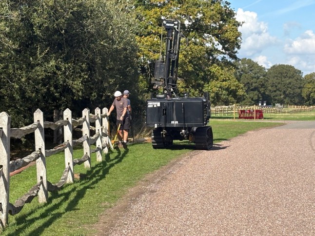 A view of workmen installing fencing on the perimeter of the new exclusion zone in Windsor Great Park, Berkshire, where preparations are underway for the Prince and Princess of Wales to move to the eight-bedroom Forest Lodge property with their children George, Charlotte and Louis. Picture date: Monday September 29, 2025. PA Photo. Photo credit should read: Jonathan Brady/PA Wire