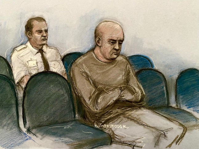 A court drawing of Peter Windsor sat down in a room