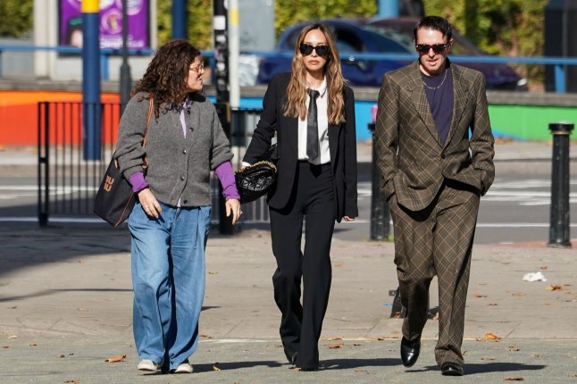 Myleene Klass (centre) arriving at Birmingham Crown Court for the trial of Peter Windsor, who is charged with two counts of causing serious alarm or distress by stalking. Windsor is accused of stalking TV and radio presenter Myleene Klass, along with Classic FM radio presenter Katie Breathwick. He has denied stalking the former Hear'Say singer by sending an air pistol and fancy dress outfits and other "unwanted" gifts. Picture date: Tuesday September 30, 2025. PA Photo. Photo credit should read: Jacob King/PA Wire