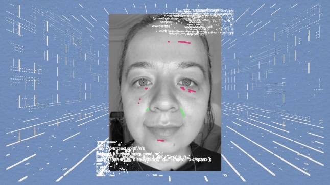 Metro writer in a black and white image surrounded by coding