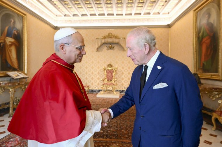 This photo taken and handout on October 23, 2025 by The Vatican Media shows Pope Leo XIV during a meeting with Britain's King Charles III and Britain's Queen Camilla in The Vatican. (Photo by Handout / VATICAN MEDIA / AFP) / RESTRICTED TO EDITORIAL USE - MANDATORY CREDIT "AFP PHOTO / VATICAN MEDIA" - NO MARKETING - NO ADVERTISING CAMPAIGNS - DISTRIBUTED AS A SERVICE TO CLIENTS (Photo by HANDOUT/VATICAN MEDIA/AFP via Getty Images)