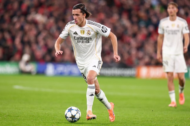 LIVERPOOL, ENGLAND - NOVEMBER 4: Alvaro Carreras of Real Madrid during the UEFA Champions League 2025/26 League Phase MD4 match between Liverpool FC and Real Madrid C.F. at Anfield on November 4, 2025 in Liverpool, England. (Photo by Shaun Brooks - CameraSport via Getty Images)