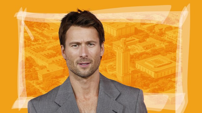 A compilation image of Glen Powell in front of the University of Texas.