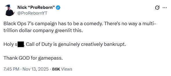 Fan tweet complaining about Black Ops 7 campaign