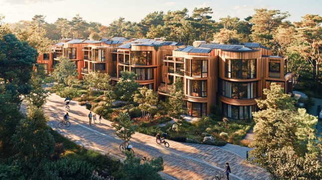 Plans for Forest City 1, just outside of Cambridge, show wooden homes and tree-lined streets.
