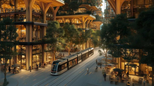 Plans for Forest City 1, just outside of Cambridge, show wooden homes and tree-lined streets.