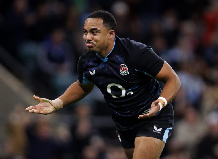 LONDON, ENGLAND - NOVEMBER 23: England's Max Ojomoh celebrates scoring his sides first try during the Quilter Nations Series 2025 rugby international match between England and Argentina at Allianz Stadium on November 23, 2025 in London, England. (Photo by Bob Bradford - CameraSport via Getty Images)