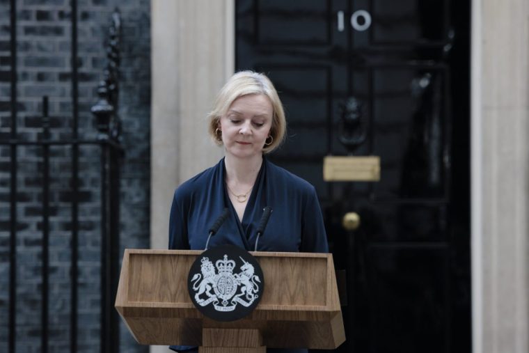 LONDON, ENGLAND - OCTOBER 20: Prime Minister Liz Truss delivers her resignation speech at Downing Street on October 20, 2022 in London, England. Liz Truss has been the UK Prime Minister for just 44 days and has had a tumultuous time in office. Her mini-budget saw the GBP fall to its lowest-ever level against the dollar, increasing mortgage interest rates and deepening the cost-of-living crisis. She responded by sacking her Chancellor Kwasi Kwarteng, whose replacement announced a near total reversal of the previous policies. Yesterday saw the departure of Home Secretary Suella Braverman and a chaotic vote in the House of Commons chamber. (Photo by Rob Pinney/Getty Images)