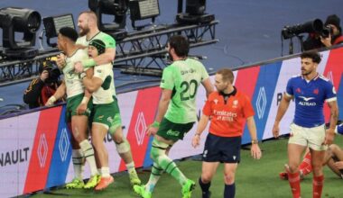 Sacha Feinberg-Mngomezulu celebrates his first try with his South African team-mates