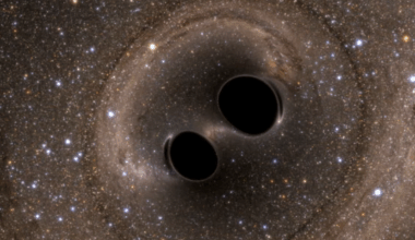 A computer generated image of the collision of two black holes released after the event was detected for the first time by Ligo in 2016 (Credit : LIGO Laboratory)