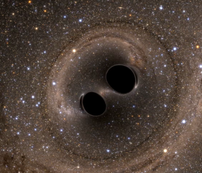 A computer generated image of the collision of two black holes released after the event was detected for the first time by Ligo in 2016 (Credit : LIGO Laboratory)