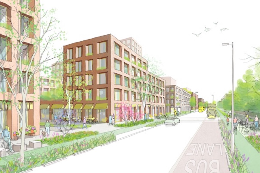 Street view of a redeveloped Strangeways Salford and Manchester regeneration