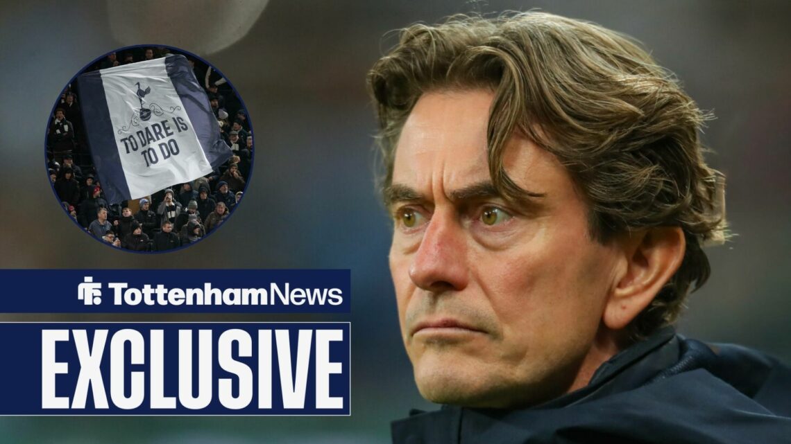 Tottenham News exclusive as Thomas Frank stares frustratedly towards a circular inset, where Spurs fans wave a giant flag.