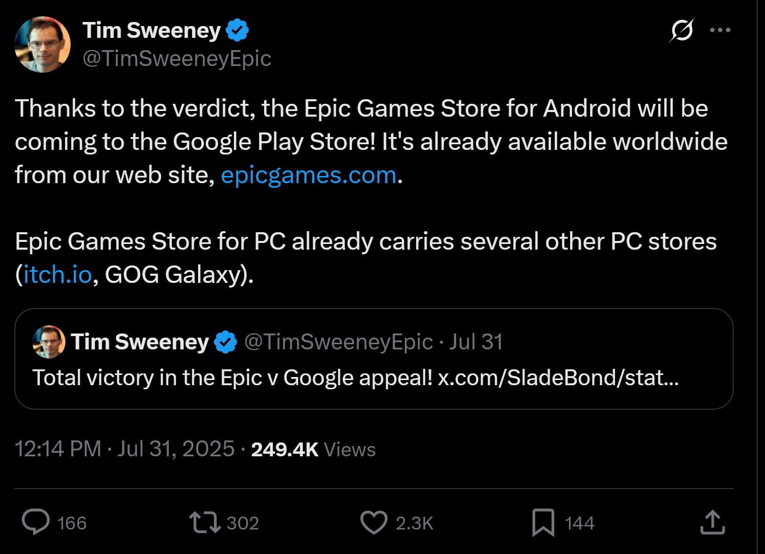 Tweet by Tim Sweeney announcing Epic Games Store coming to Play Store Tweet by Tim Sweeney announcing Epic Games Store coming to Play Store