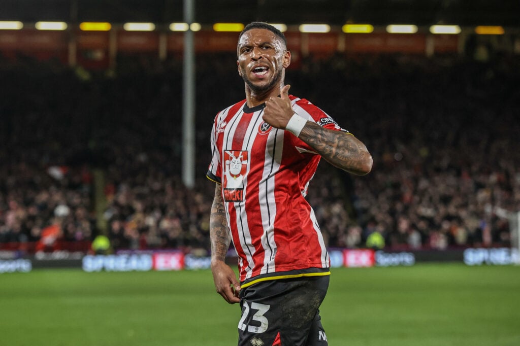 Sheffield United striker Tyrese Campbell celebrates after scoring a goal at Bramall Lane.