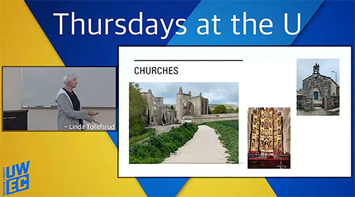 Linda Tollefsrud highlighted the various churches she saw on her Camino. (Screenshot from Rice Lake Community Media)