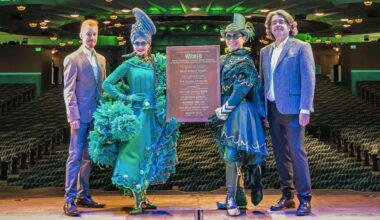 People standing alongside a plaque. Wicked becomes 9th longest-running show in West End history. Photo by Troy David Johnston