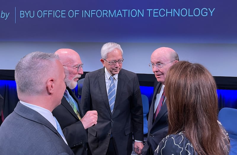 BYU President Shane Reese, left, and his wife Wendy listen as Dr. Kip Thorne and Elders Gerrit W. Gong and Quentin L. Cook talk after Dr. Thorne's lecture at BYU.