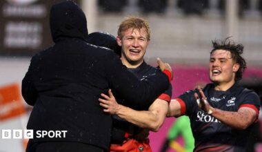 Nathan Michelow of Saracens celebrates scoring his team's fourth try during the Prem Rugby Cup match between Saracens and Newcastle Red Bulls at StoneX Stadium.