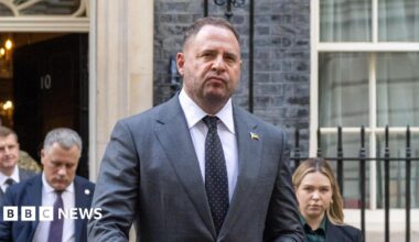 Andriy Yermak walks out of 10 Downing Street after a meeting of the Coalition of the Willing in October 2025