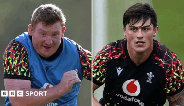 Two pictures, one of Rhys Carre and one of Louis Rees-Zammit in training with Wales