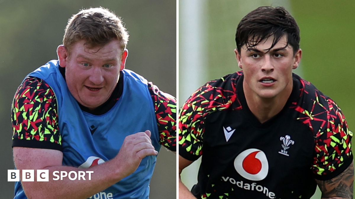 Two pictures, one of Rhys Carre and one of Louis Rees-Zammit in training with Wales