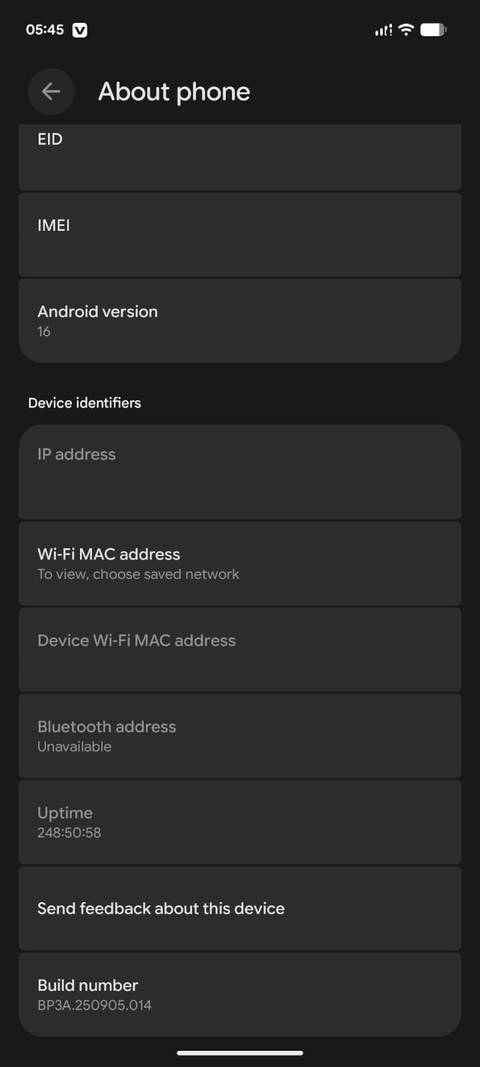 About phone Android settings page