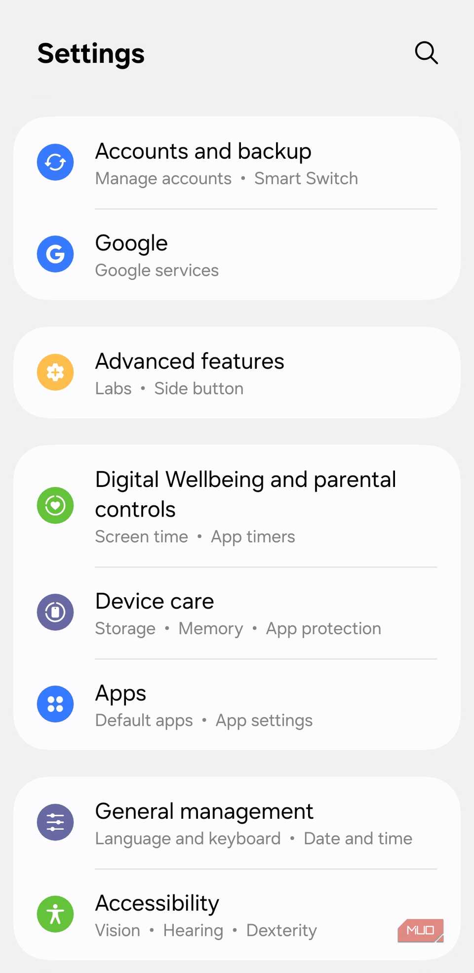 Advanced features menu on Samsung phone