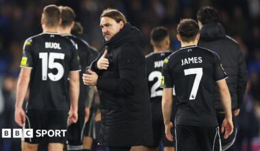 Daniel Farke on the pitch with his players after a Leeds game