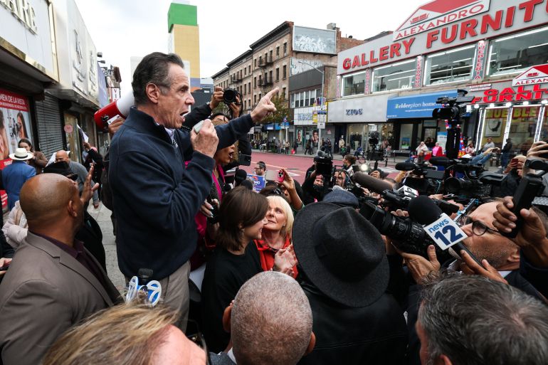Former New York Governor Andrew Cuomo, independent candidate for New York City mayor, makes a campaign stop in the Washington Heights neighborhood in the Manhattan borough of New York City on November 3, 2025.