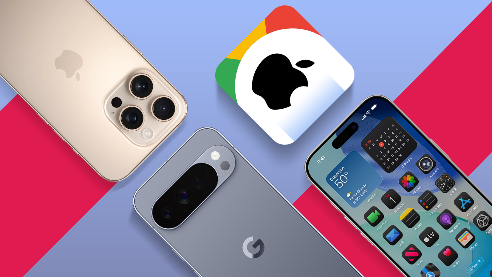 An iPhone beside a Google Pixel, and an icon with the Apple logo with Google’s colors.