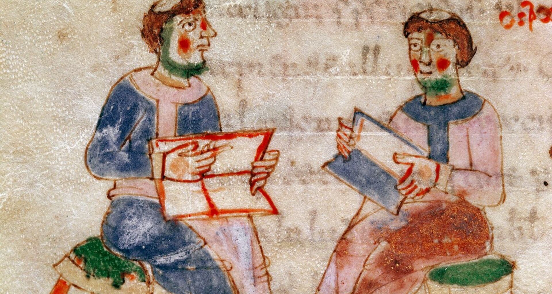 A painting of two balding monks sitting on green stools showing each other books