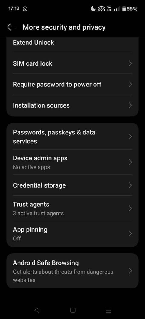 Screenshot showing the Security and privacy page under Settings