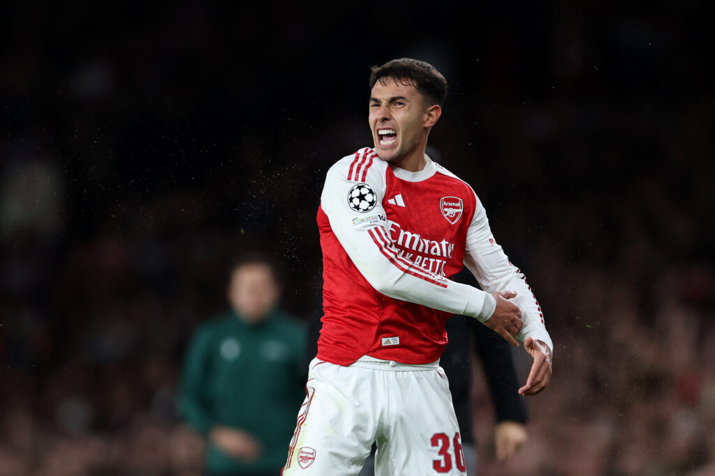 LONDON, ENGLAND - OCTOBER 21: Martín Zubimendi of Arsenal reacts during the UEFA Champions League 2025/26 League Phase MD3 match between Arsenal FC and Atletico de Madrid at Arsenal Stadium on October 21, 2025 in London, England. (Photo by Alex Pantling/Getty Images)