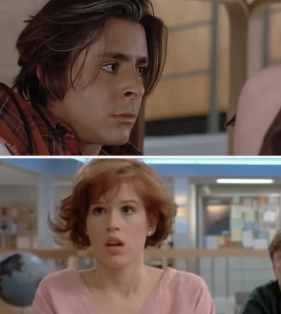 One teenager looks up the skirt of another teenager who has a shocked expression