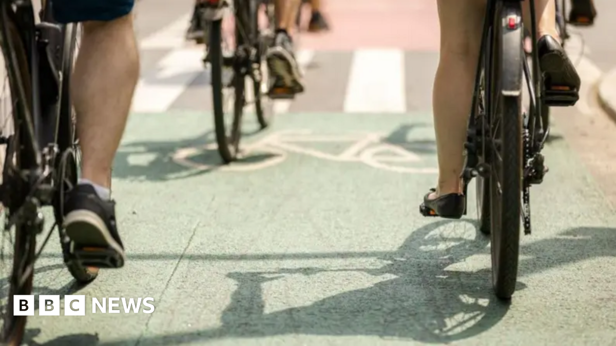 A number of bicycles are locked to two lines of bicycle racks on a small patch of concrete. To the right side, a small road leads to a white metal gate, and there is wooden fence behind and alongside the bikes. Behind that is a green racecourse with some trees, and houses in the background.