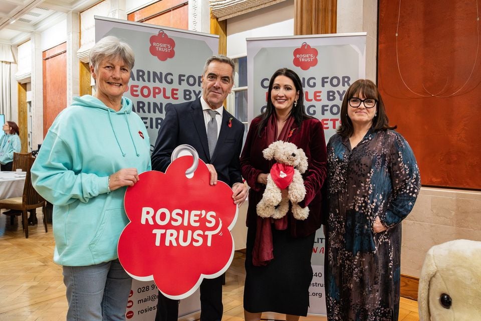 Rosie’s Trust volunteer Lynda Crozier, James Nesbitt, Deputy First Minister Emma Little-Pengelly and chair of the charity Aileen Martin