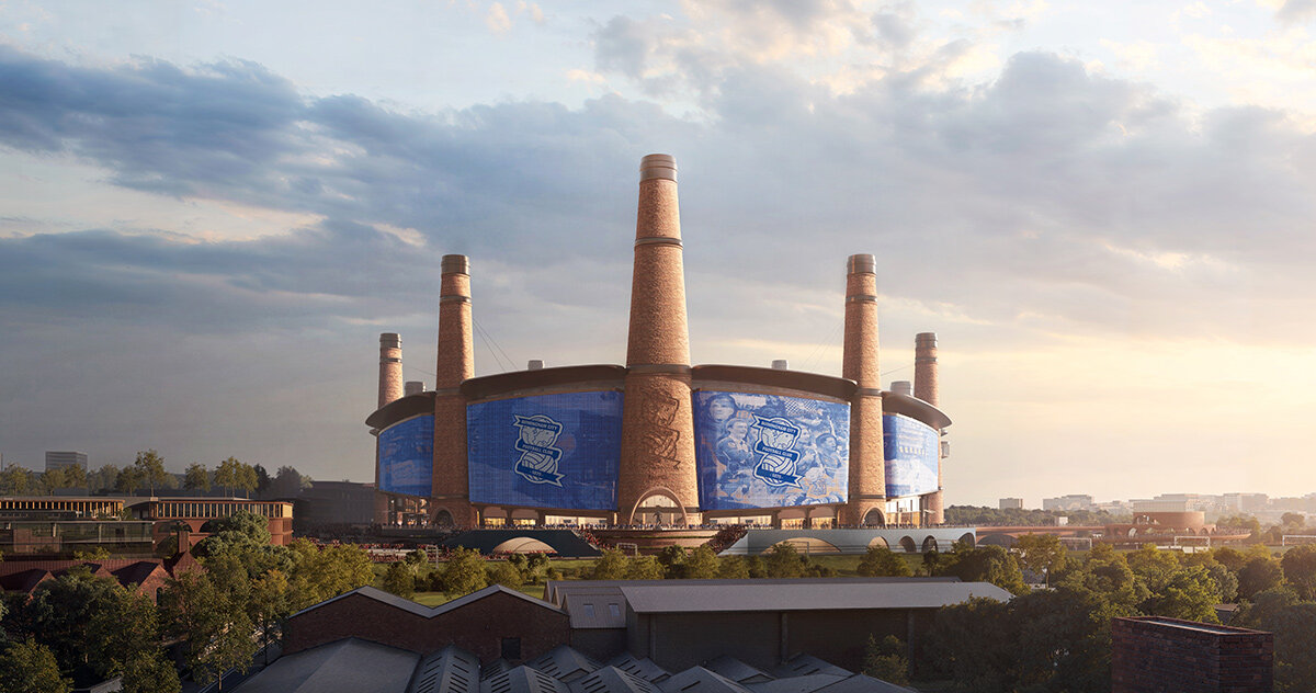 heatherwick studio plans birmingham stadium around twelve chimney-like towers
